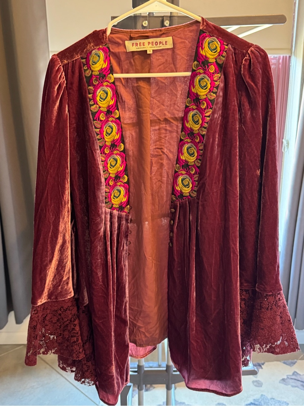 Free People Burgundy Velvet Embroidered Open Jacket